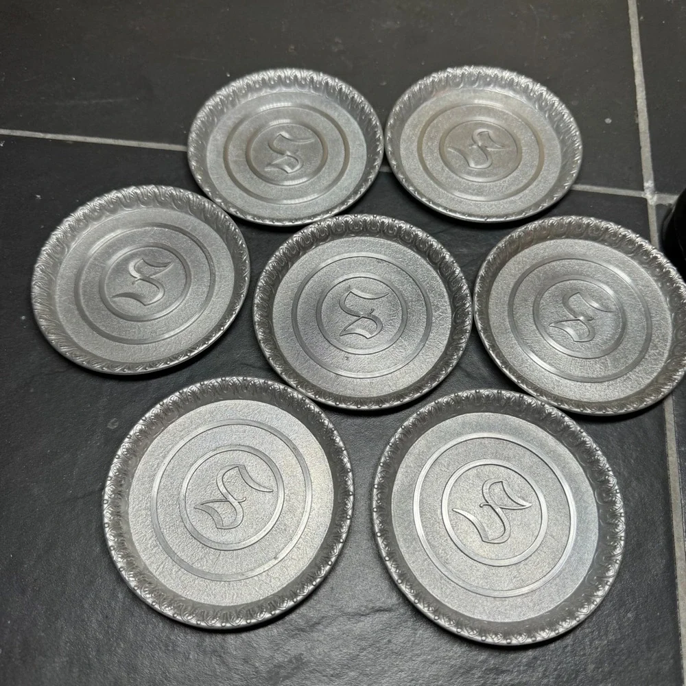 Vintage MCM LE Mason Co Boston Mass Aluminum Coasters Set of 7 Monogram S Silver